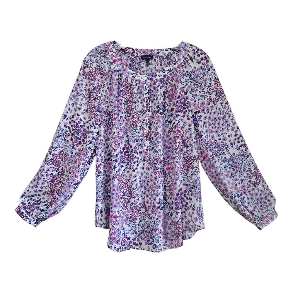 TALBOTS Women's M Blouse 1/2 Buttons Floral Purple Blue White 3/4 Sleeve 42"